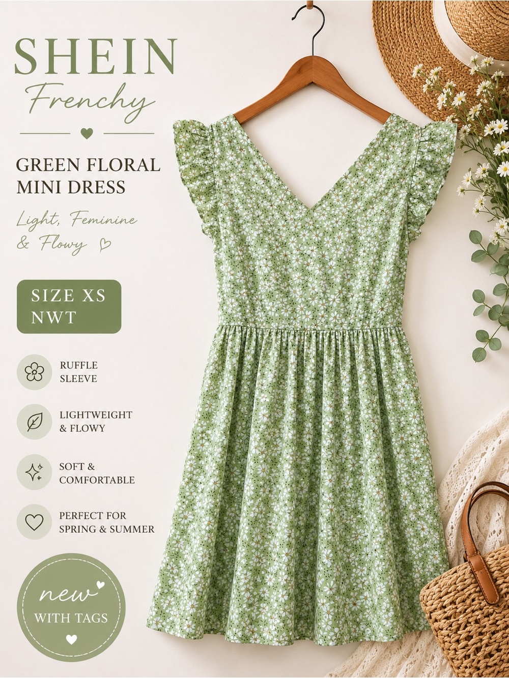 SHEIN Frenchy Green Floral Ruffle Sleeve Mini Dress NWT XS